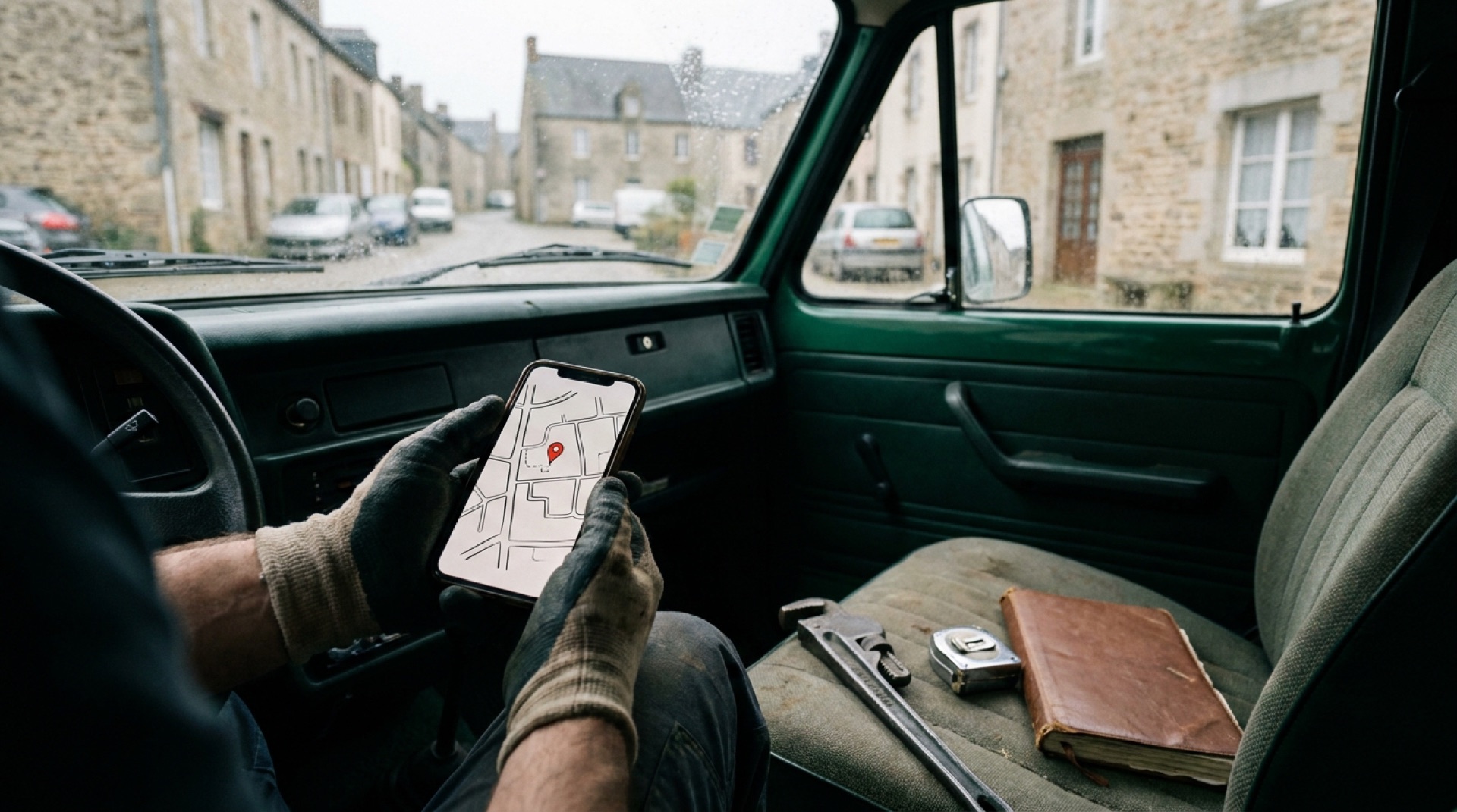 A tradesperson's hands holding a smartphone that shows a business listing on a map, with work tools on the seat of a van
