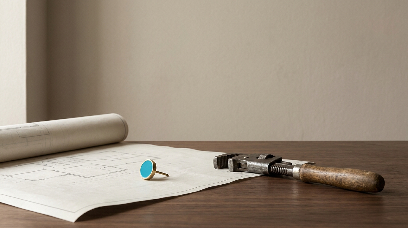A brass map pin with a cyan enamel top resting on a folded blueprint beside a pipe wrench on a walnut desk, standing in for local trade businesses and how they get found in AI search