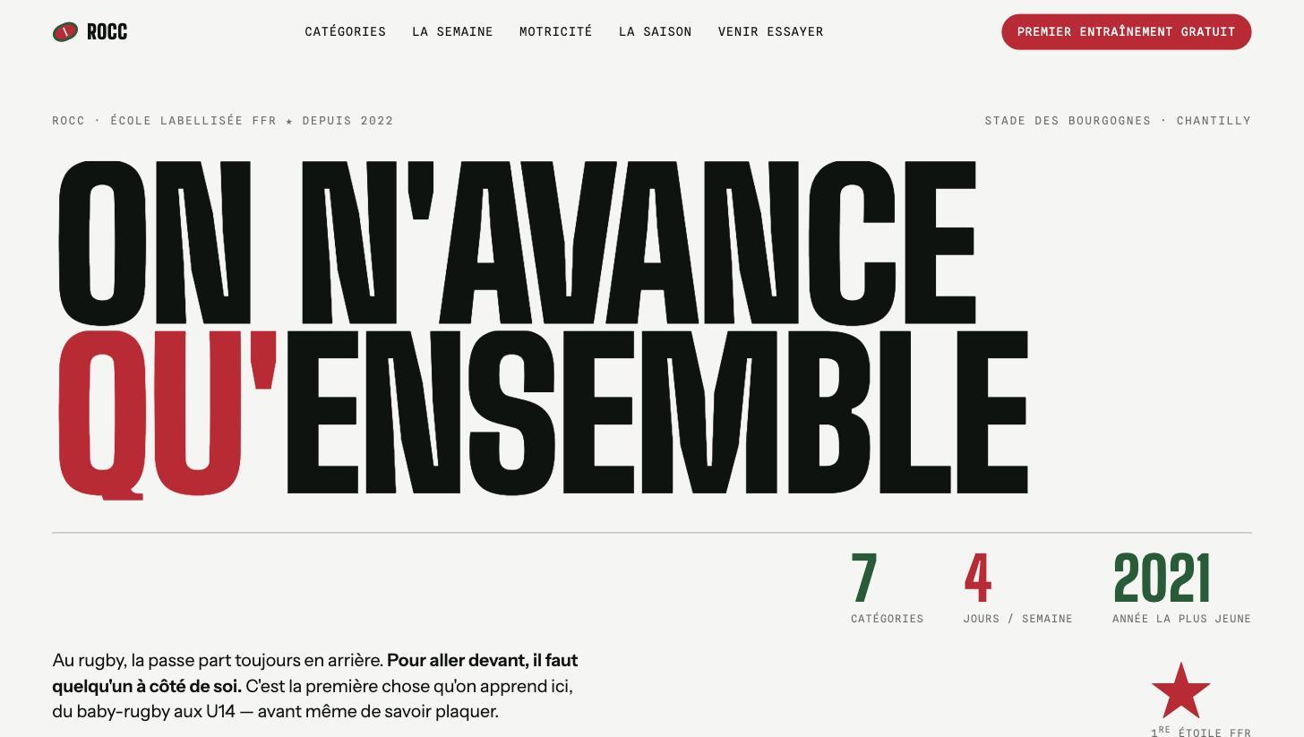 Page d'accueil du site de l'école de rugby ROCC à Chantilly.