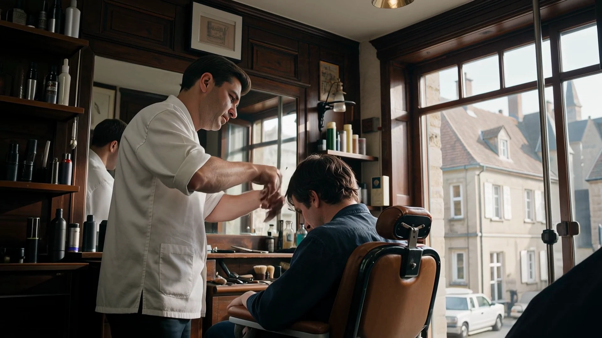 Le même barbier, vu de plus loin, un salon parmi d’autres dans la ville.