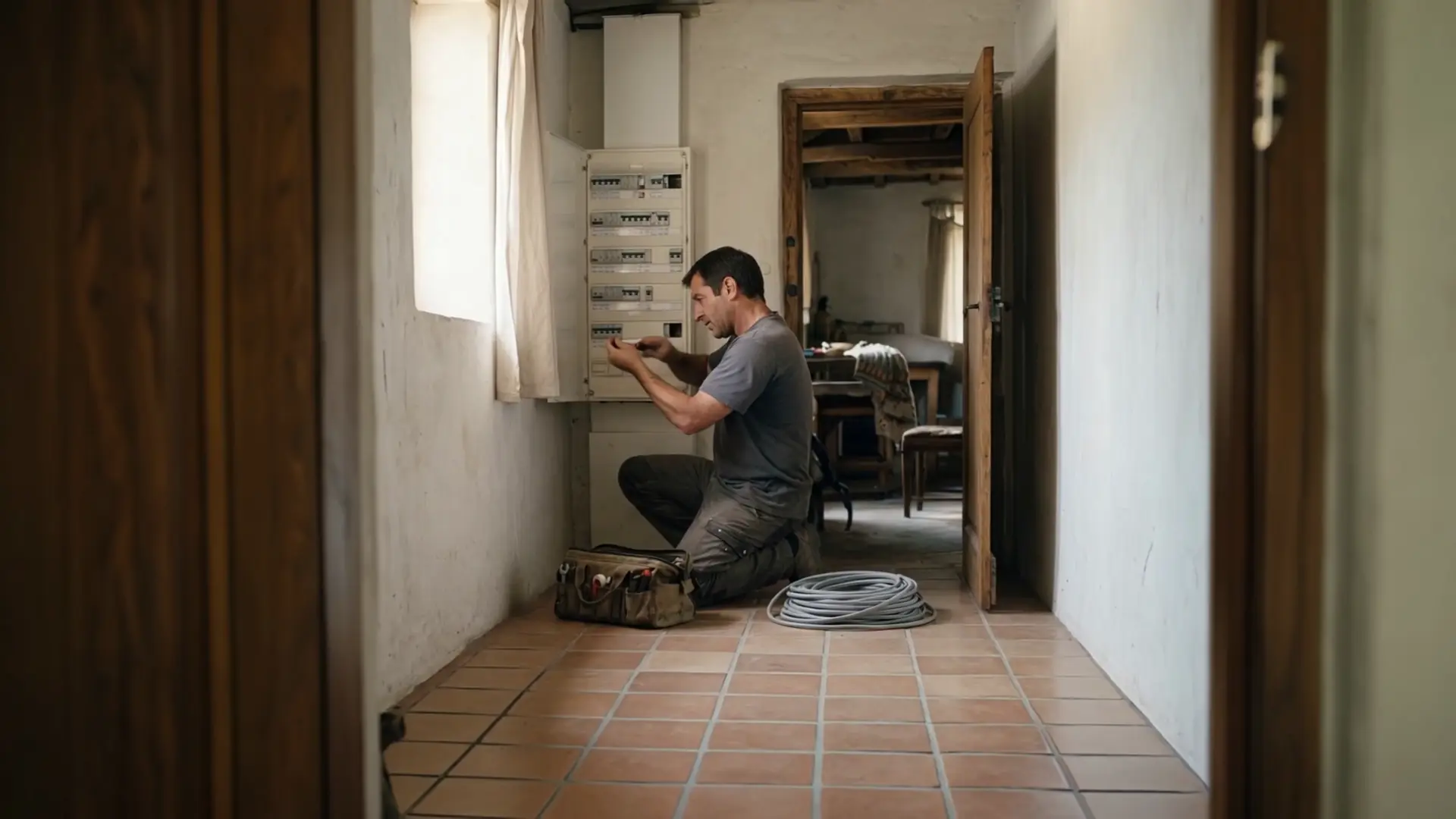 The same electrician, seen from further away, at the end of a hallway like any other.