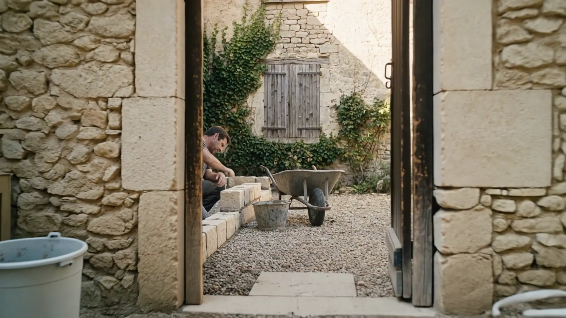 The same mason, seen from further away, in a courtyard like any other.