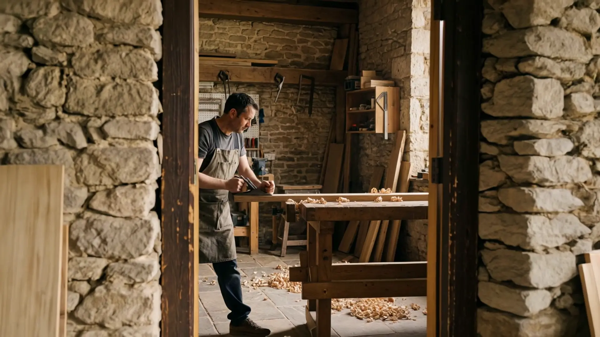 The same carpenter, seen from further away, in a workshop like any other.