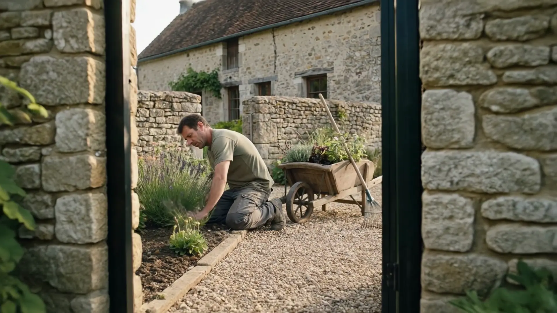 The same landscaper, seen from further away, in a garden like any other.