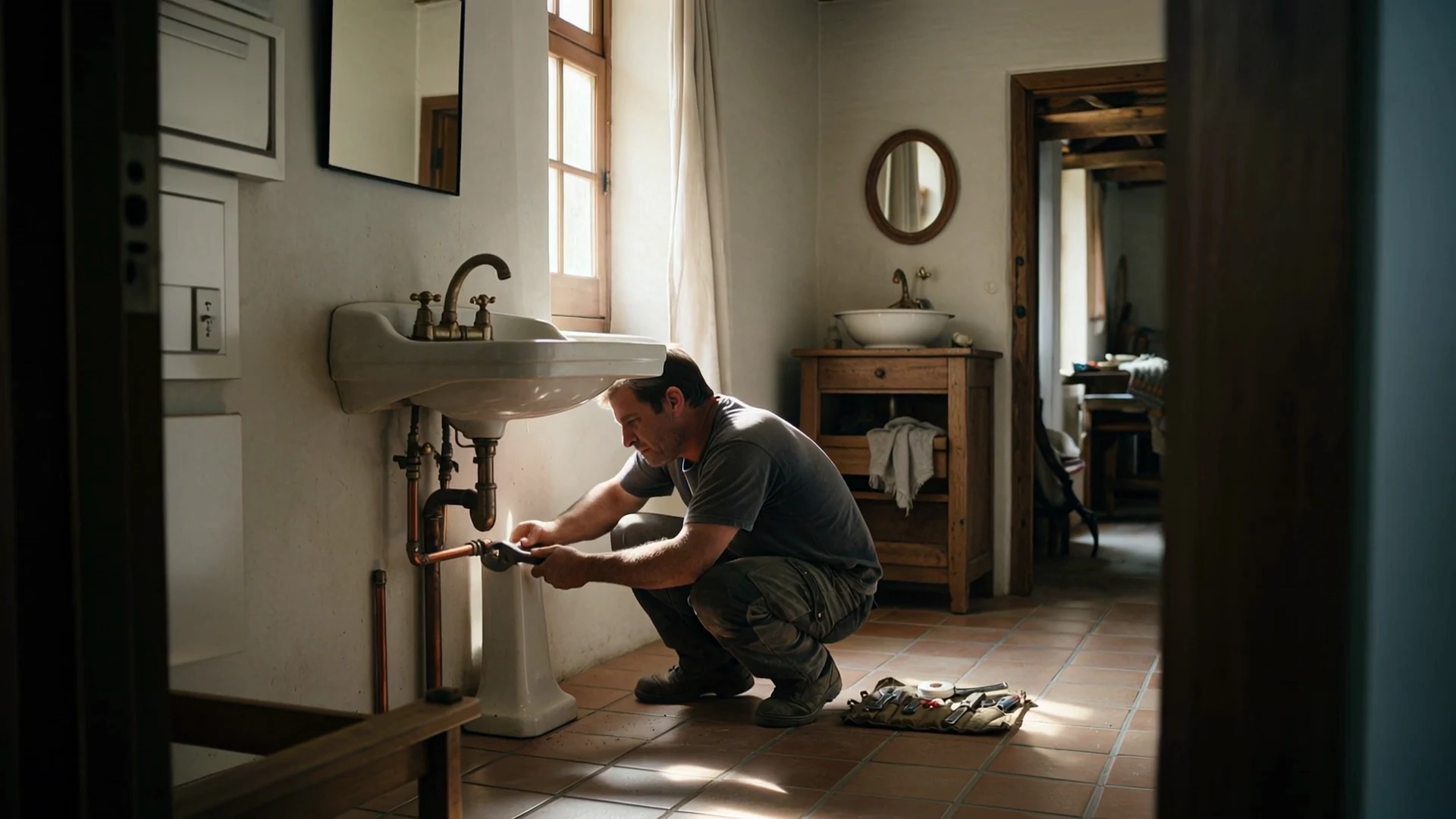 Le même plombier, vu de plus loin, dans une salle de bain comme les autres.
